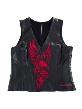 HARLEY DAVIDSON Leather Top Women Black Red Eagle Graphic Moto Biker Y2K Rare M